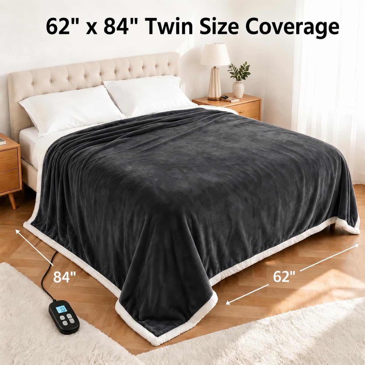 YUSTAL comparaison taille Twin sur lit illustrant couverture couvrante et adaptée au lit simple