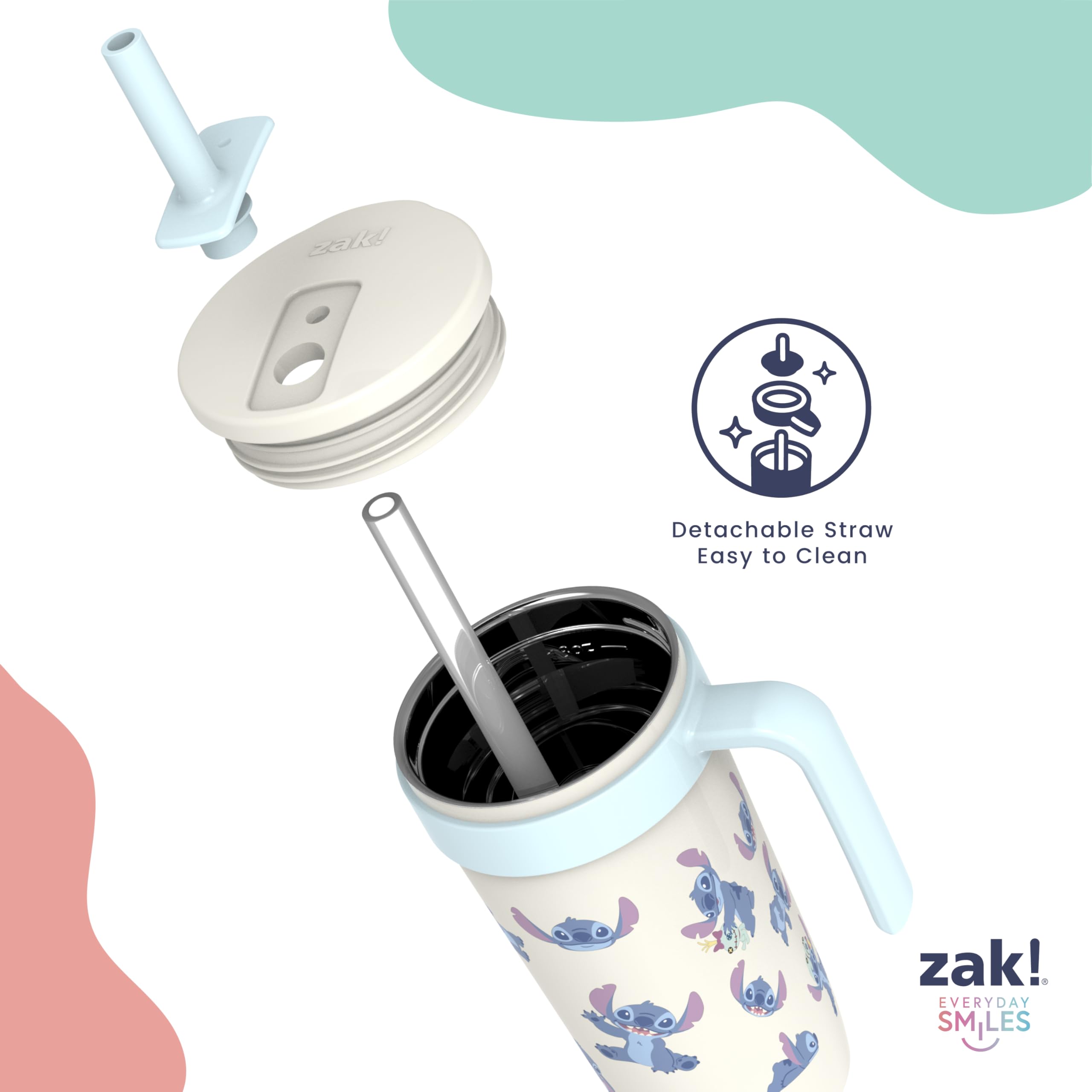 zak designs étiquette indiquant la capacité 18 oz et matériaux inox 18/8