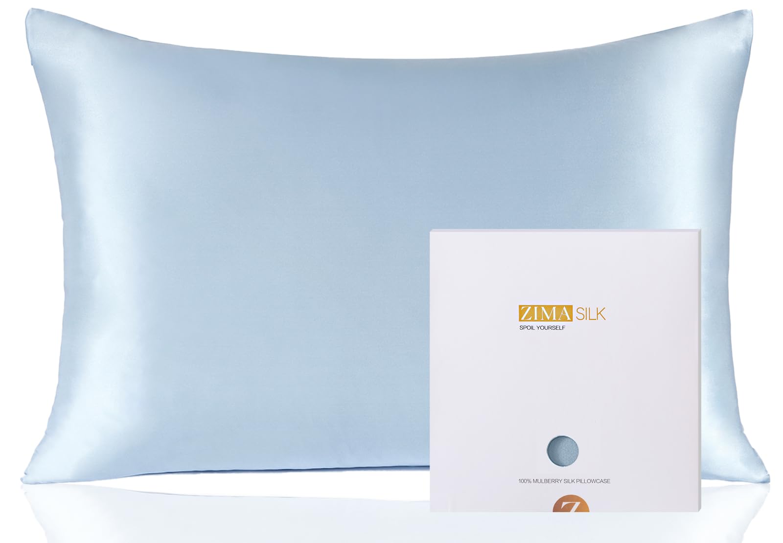ZIMASILK taie d'oreiller face avant montrant l'étiquette et design, douceur visible