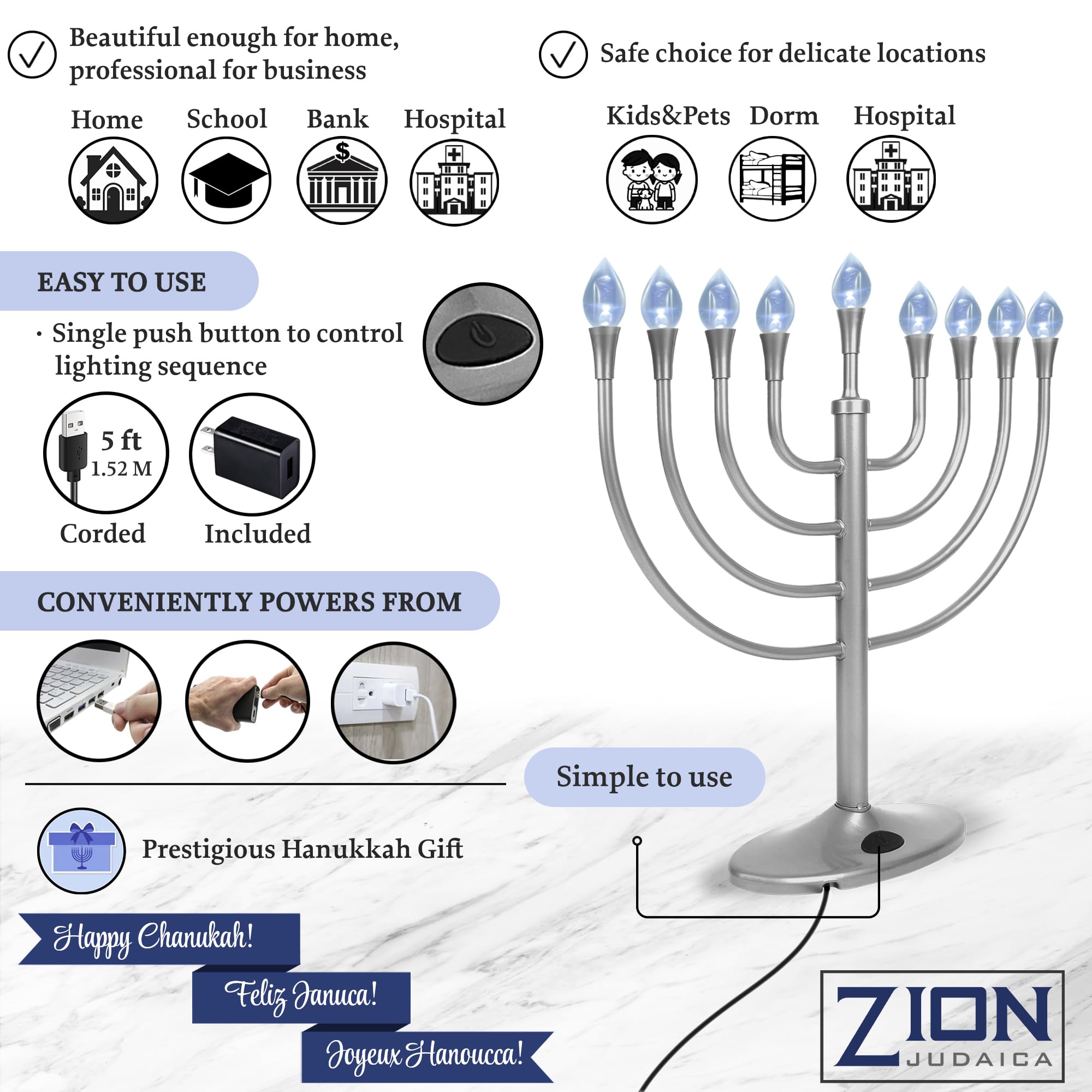 Zion Judaica câble USB et adaptateur pour alimentation flexible et pratique