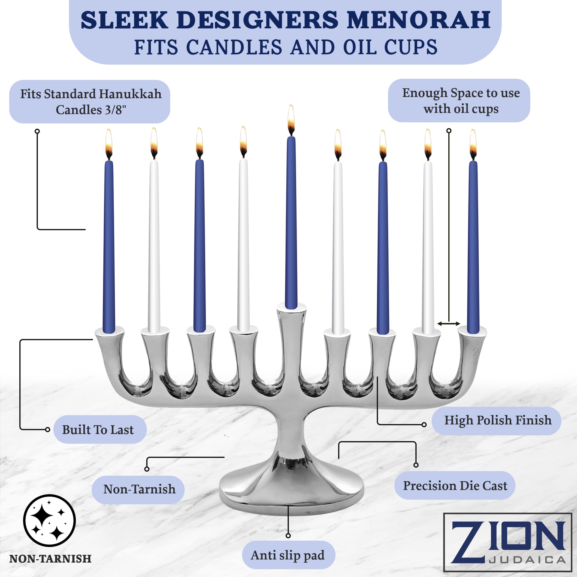 Menorah Zion Judaica gros plan sur finition polie reflétant lumière