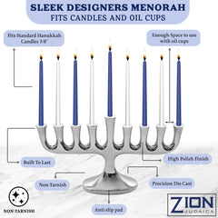 Menorah Zion Judaica gros plan sur finition polie reflétant lumière