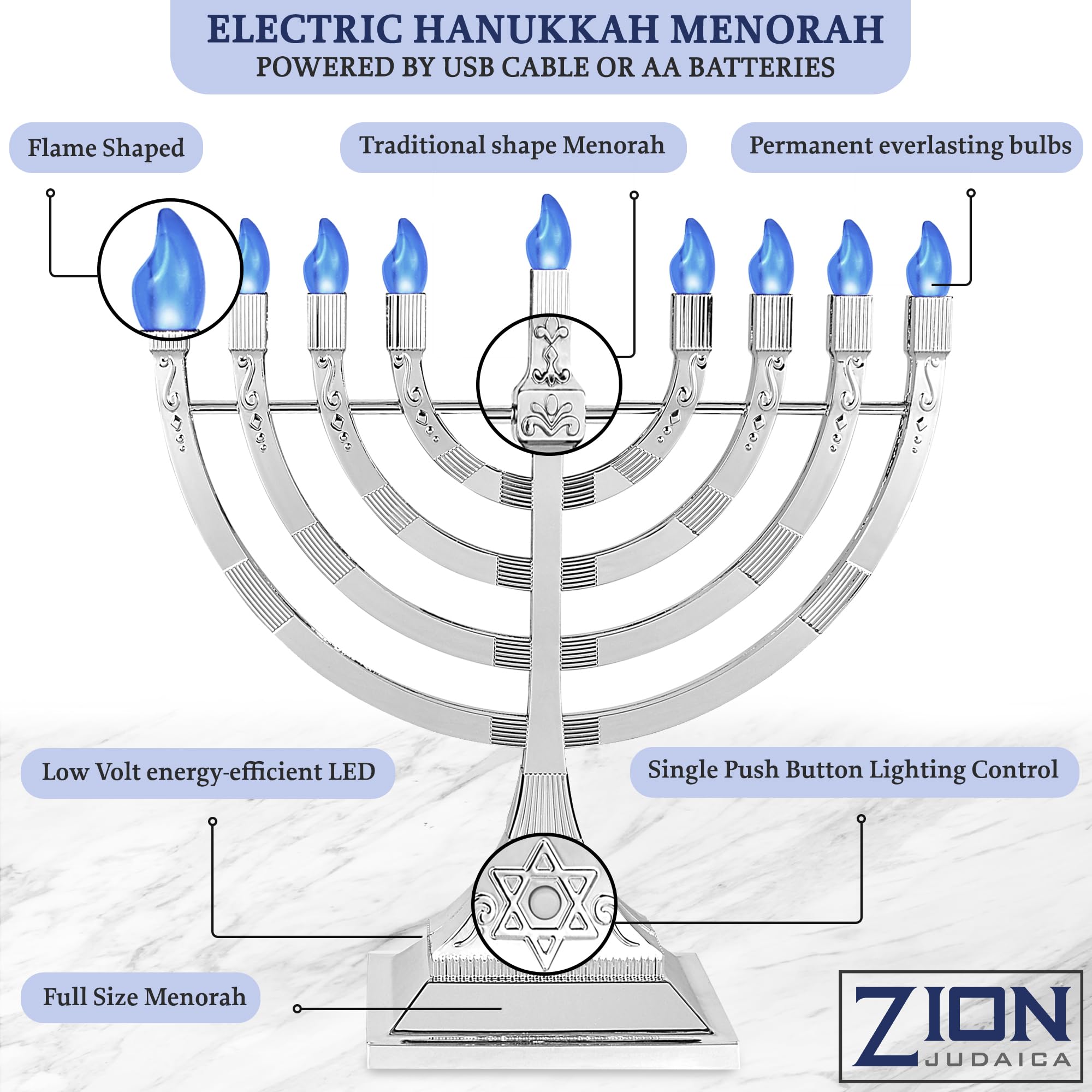 Zion Judaica menorah comparée à objets du quotidien pour taille et proportion