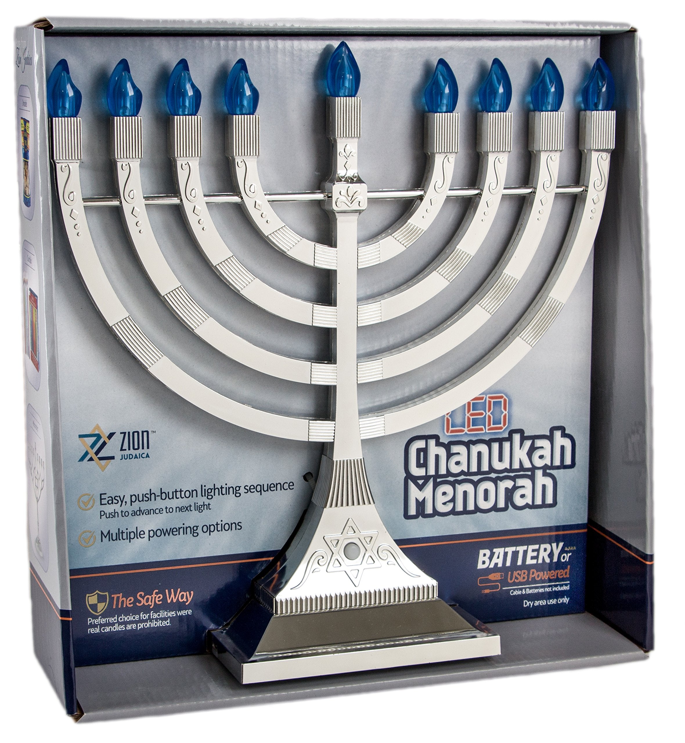 Zion Judaica menorah placée sur table familiale offrant lumière festive sécurisée