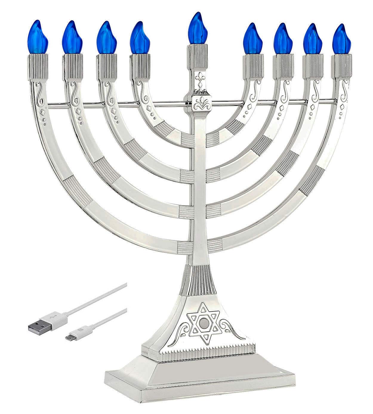 Zion Judaica menorah face avant montrant neuf LED et finition élégante