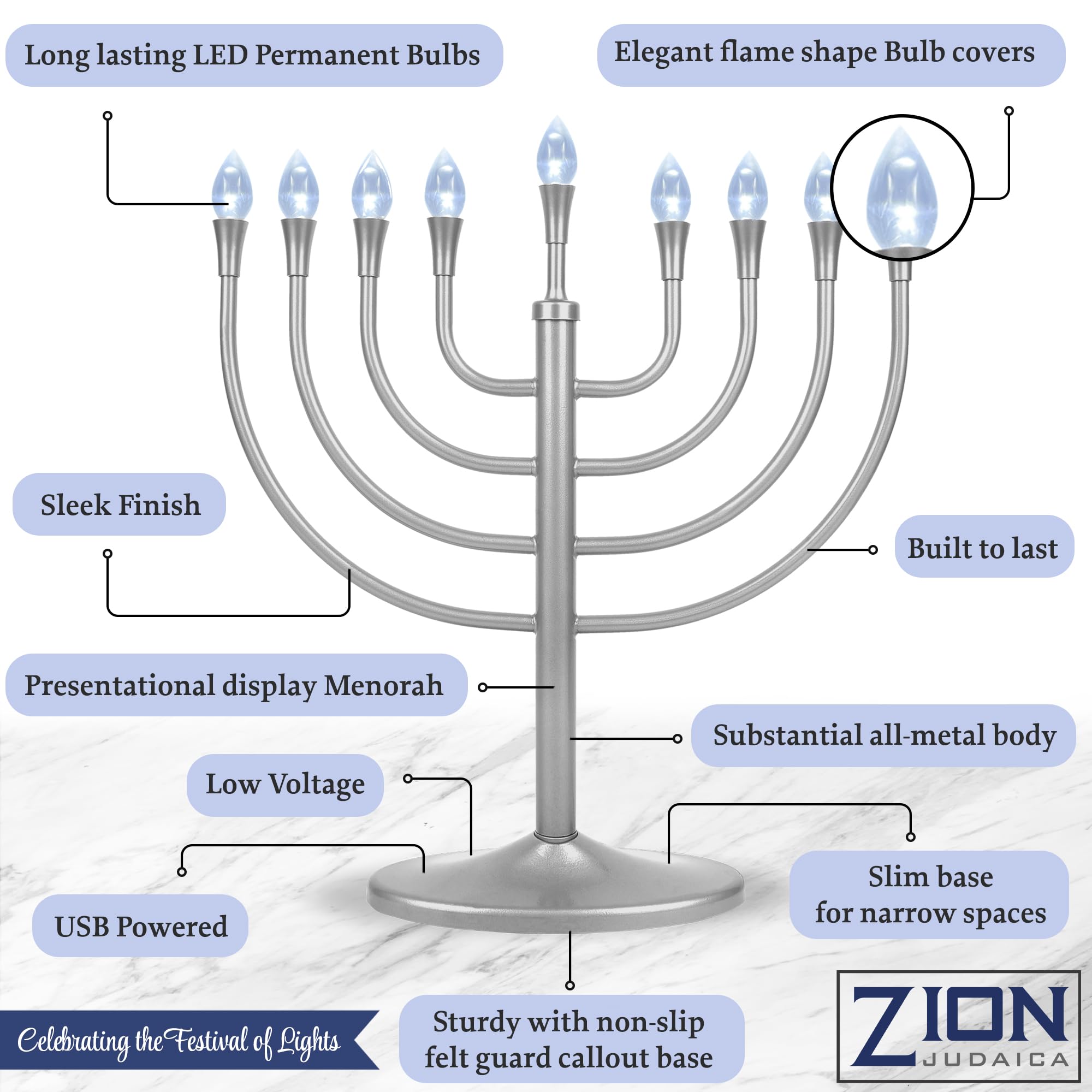 Zion Judaica gros plan ampoules LED en forme de flamme illustrant lumière durable