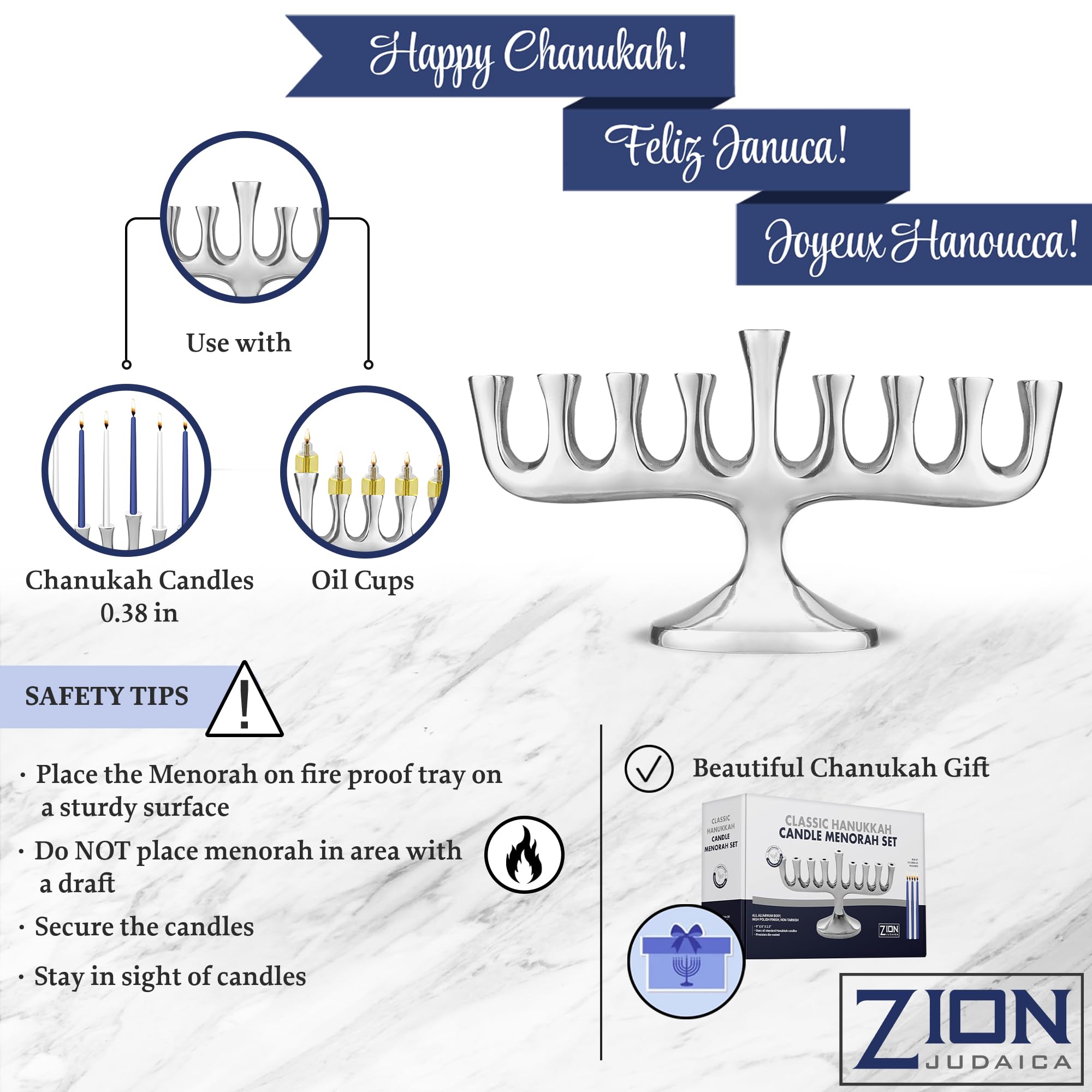 Menorah Zion Judaica profil de branche montrant espacement pratique