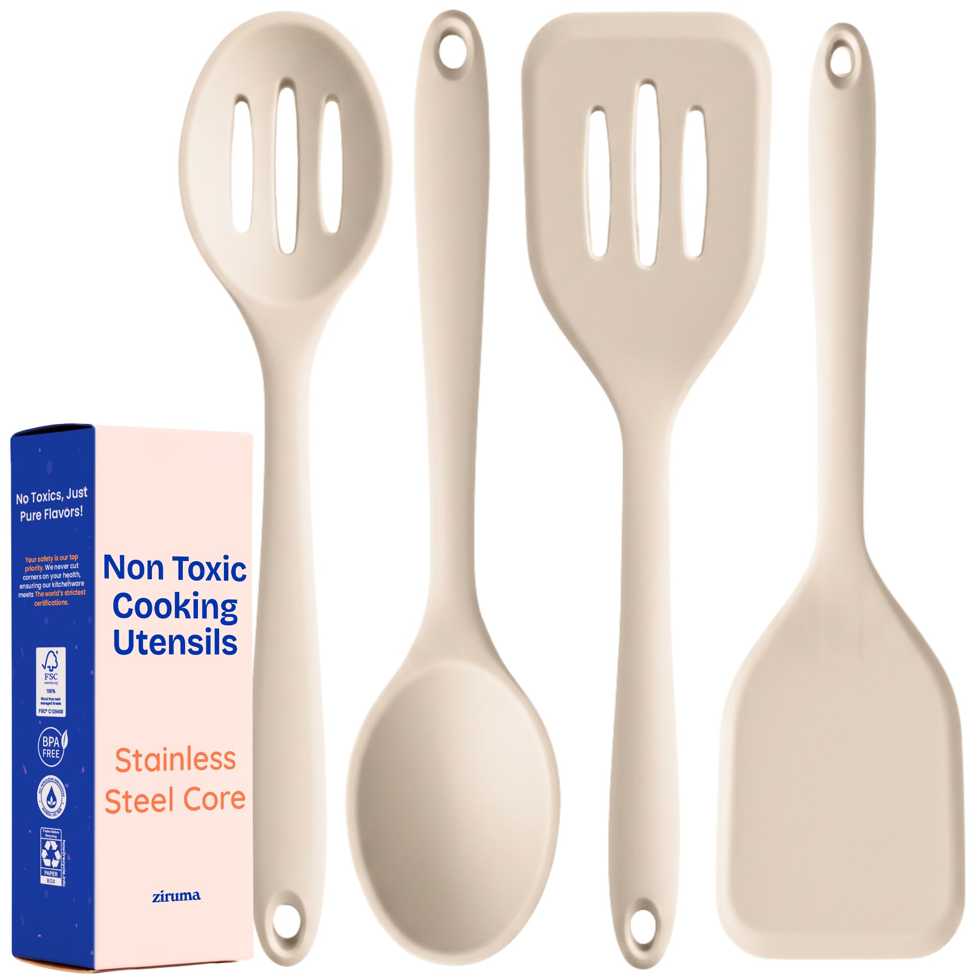 Ziruma ensemble beige montrant les quatre ustensiles, durable et sans plastique
