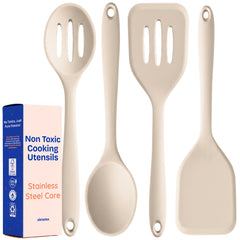 Ziruma ensemble beige montrant les quatre ustensiles, durable et sans plastique
