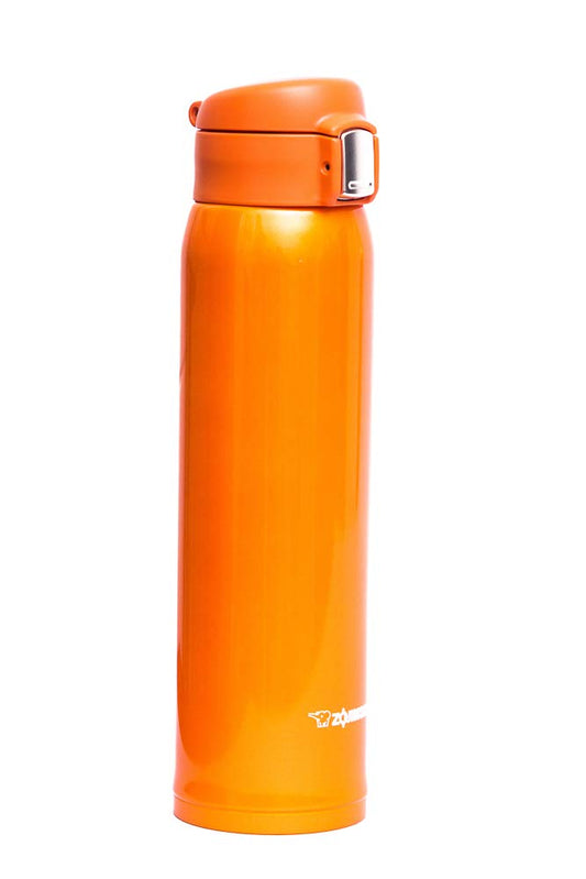 Zojirushi mug face orange vif montrant le design isotherme et la portabilité