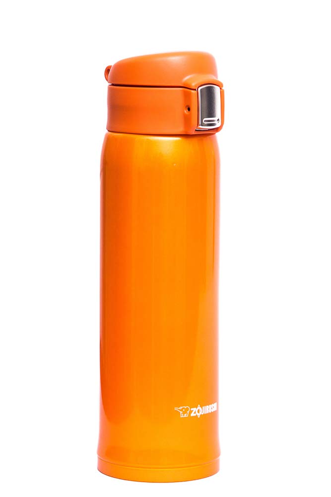 Zojirushi mug orange vif face avant montrant le couvercle sécurisé et l'isolation