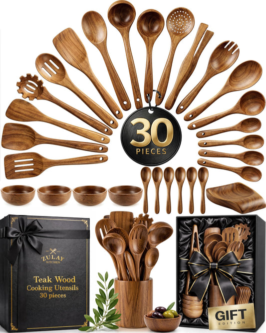 Zulay Kitchen coffret ouvert montrant 30 ustensiles en teck, idéal pour cadeau