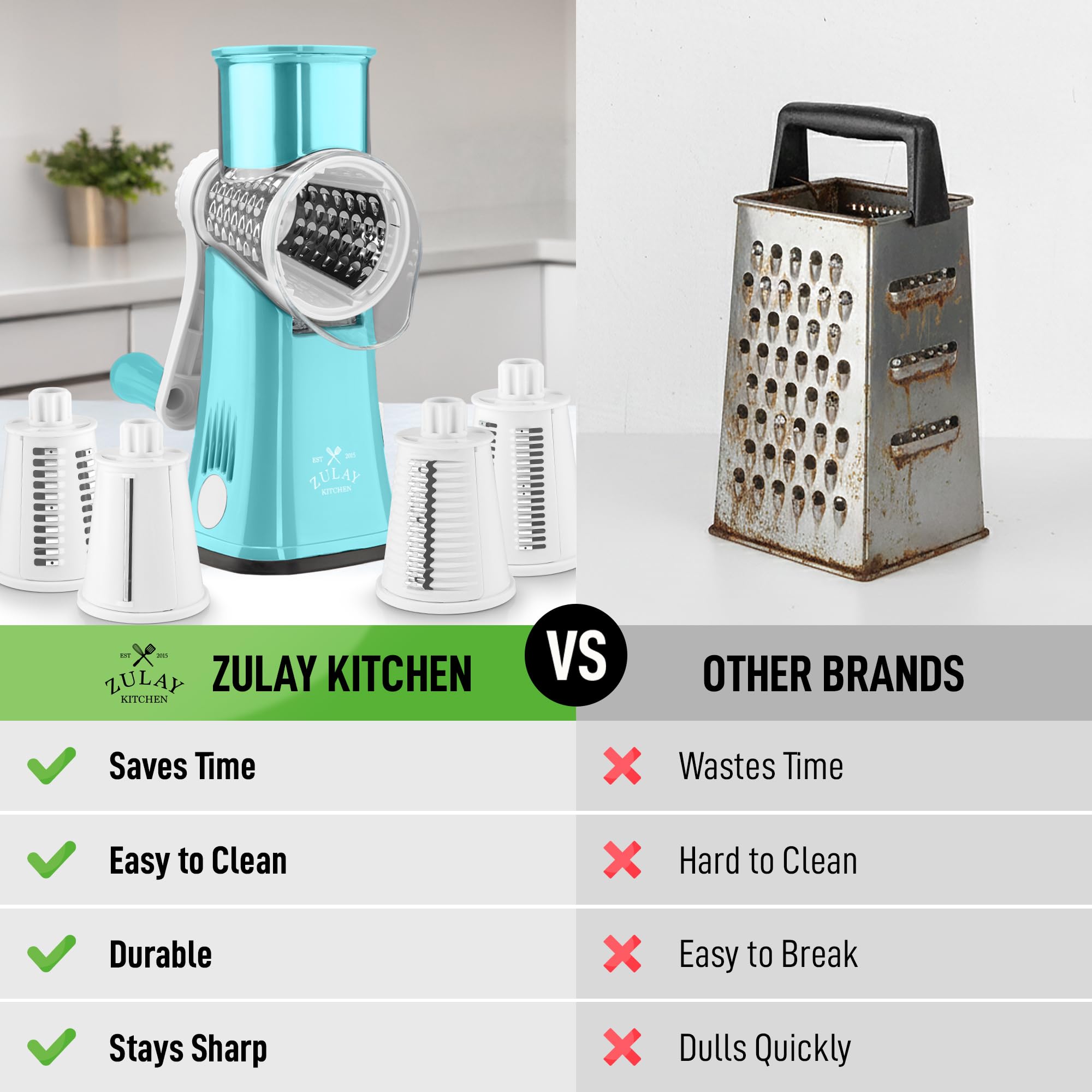 Zulay Kitchen cinq tambours inoxposables illustrant polyvalence de coupe