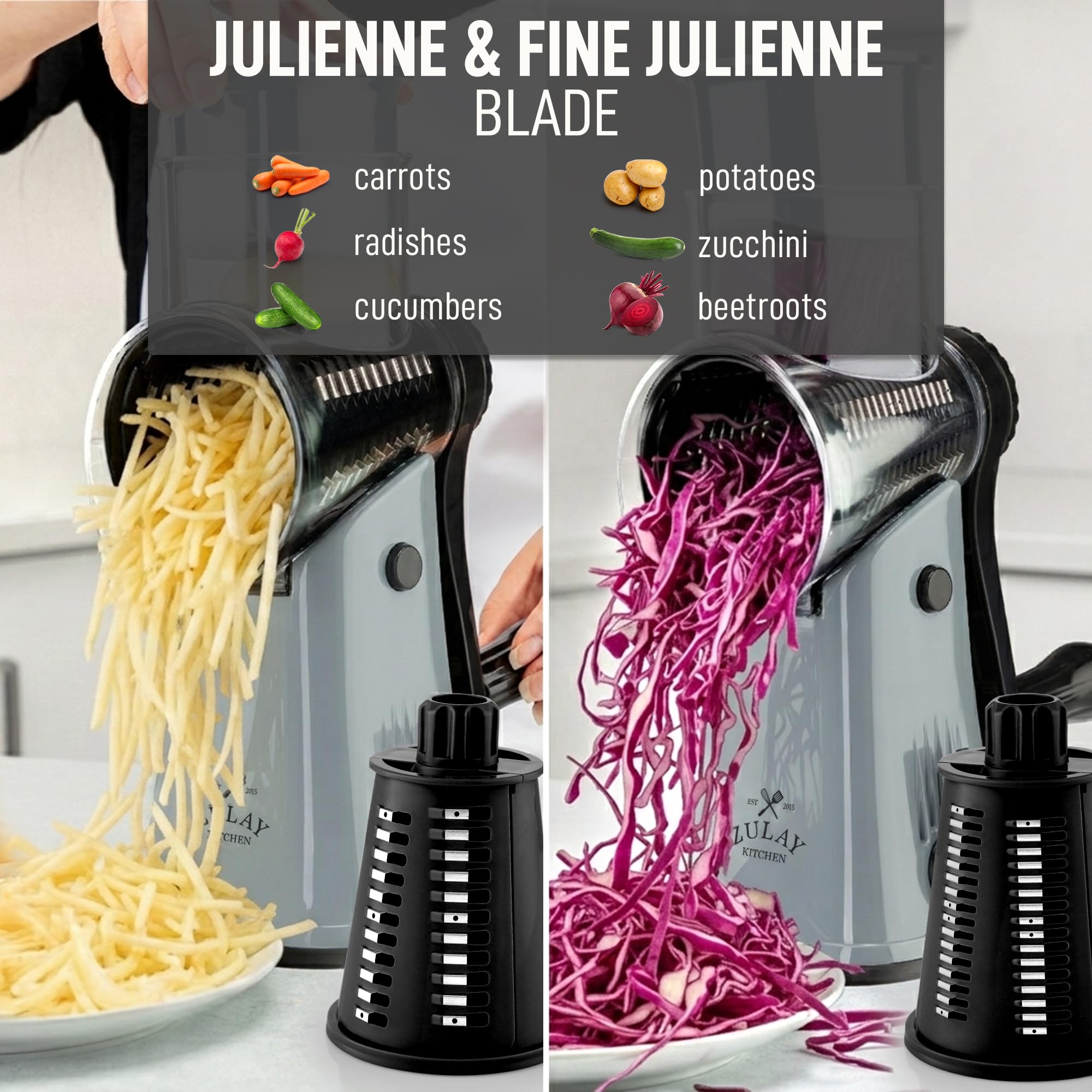 Zulay julienne de carotte démontrant coupe fine et présentation