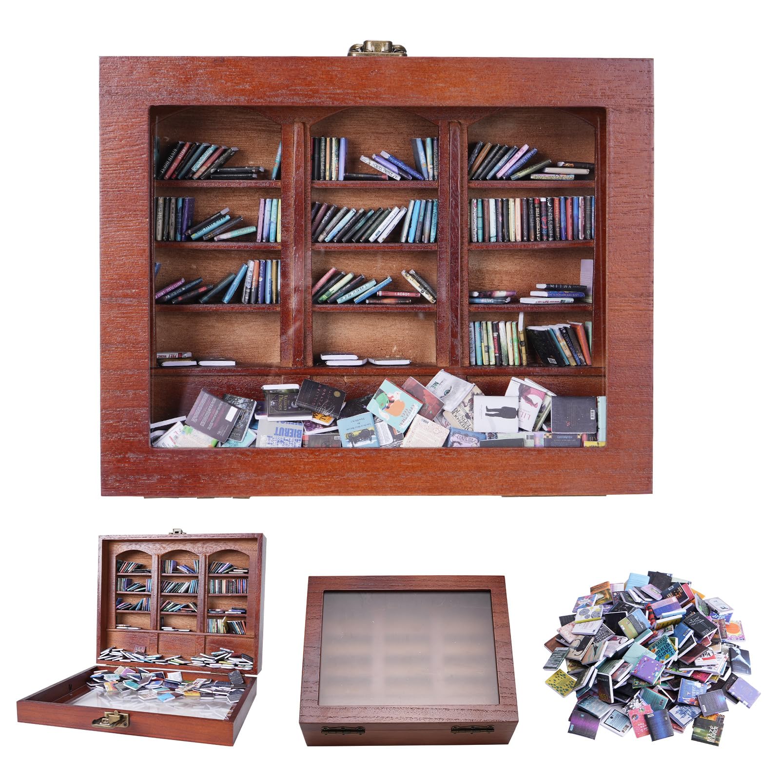 ZVCAQ bibliothèque miniature vue de face montrant l’ensemble décoratif et l’ordre des livres