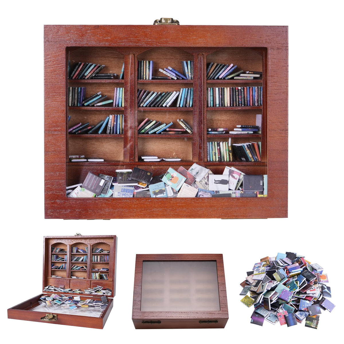 ZVCAQ bibliothèque miniature vue de face montrant l’ensemble décoratif et l’ordre des livres