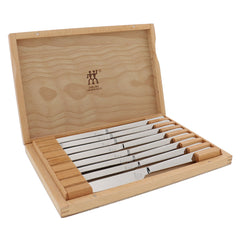 ZWILLING coffret bois ouvert montrant huit couteaux, excellente présentation cadeau